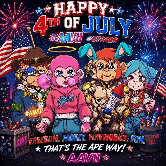 A vibrant 4th of July themed illustration featuring cartoon ape characters in patriotic attire with the text 'HAPPY 4TH OF JULY', '#AAVII', '#070426', 'FREEDOM. FAMILY. FIREWORKS. FUN.', 'THAT'S THE APE WAY!' and 'AAVII'.