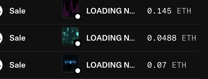 A screenshot of NFT sale listings with 'LOADING N...' labels and prices in ETH (0.145, 0.0488, and 0.07 ETH).