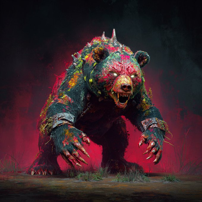 A menacing bear with glowing eyes, sharp claws, and colorful paint splattered across its dark fur, standing aggressively against a red backdrop.