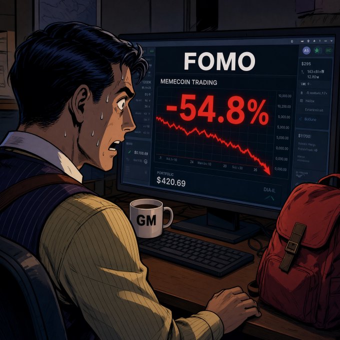 A stressed trader stares in horror at his monitor showing "FOMO MEMECOIN TRADING" down **-54.8%**, with his portfolio at **$420.69**, clutching a "GM" coffee mug — perfectly capturing the painful contrast between the cheerful "Gm." greeting and the reality of his heavy memecoin losses.