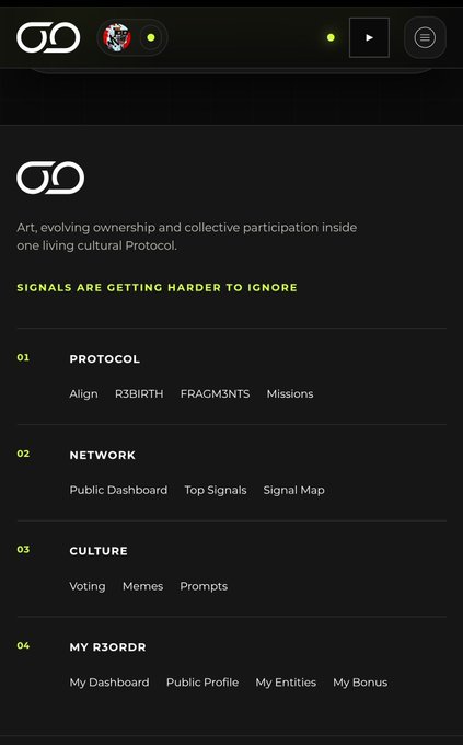 A dark-themed website interface displaying a 'GO' logo with sections labeled Protocol, Network, Culture, and My R3ORDR, mentioning 'Art, evolving ownership and collective participation inside one living cultural Protocol' and 'SIGNALS ARE GETTING HARDER TO IGNORE.'