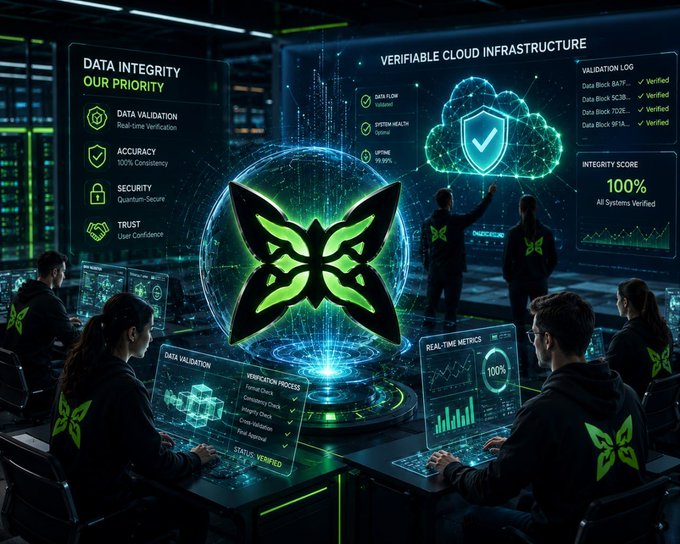 The image depicts a group of people sitting at desks with laptops open in front of them, working together behind a large screen displaying a butterfly graphic. The team appears to be focused on their work, possibly discussing or collaborating on projects related to data integrity and cloud infrastructure. The butterfly graphic serves as a visual representation of the importance of maintaining accurate and secure data within the network.