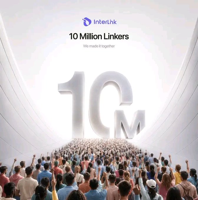 Interlink (#ITLG #ITL) celebrates reaching 10 million users with a celebratory graphic featuring the bold "10M" and the tagline "We made it together," showing a diverse crowd gathered beneath the milestone number.