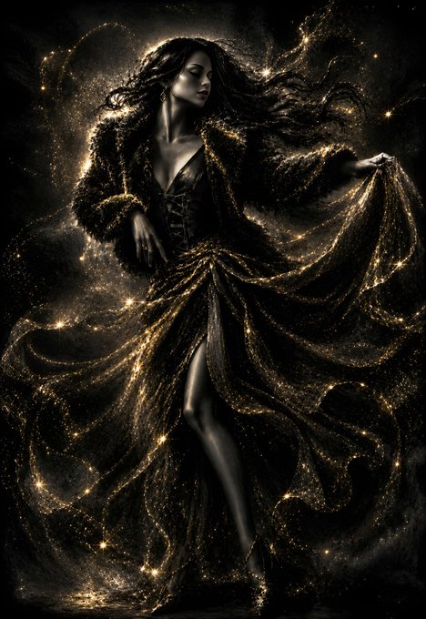 A dramatic digital artwork of a woman in a flowing black and gold gown that dissolves into sparkling stardust, dancing against a cosmic dark background.