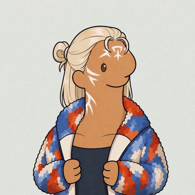 A digital cartoon illustration of a person with blonde hair in a bun, tribal white facial markings, and wearing a colorful blue, red, and white fluffy jacket.
