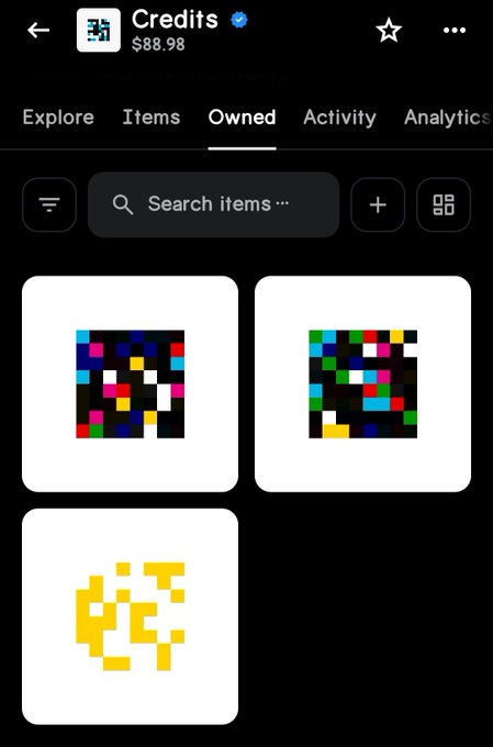 A mobile app screen titled 'Credits' showing $88.98 in the 'Owned' tab, displaying pixel art collectible items including a Pac-Man ghost.