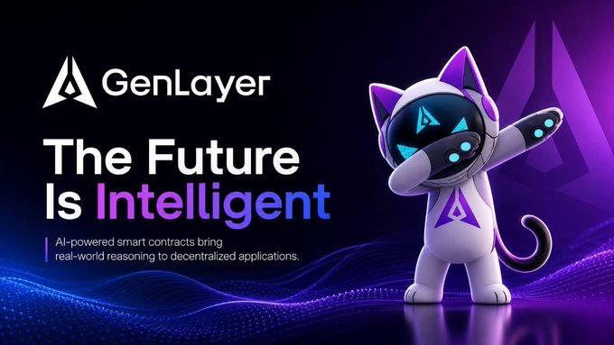 The image promotes GenLayer with the tagline "The Future Is Intelligent," highlighting that "AI-powered smart contracts bring real-world reasoning to decentralized applications," alongside a purple-and-white cat mascot wearing a futuristic visor featuring the GenLayer logo. The visual directly supports the post's message about GenLayer being an AI-native blockchain built for intelligent contracts, with the futuristic cat mascot symbolizing the project's forward-looking, tech-driven identity.