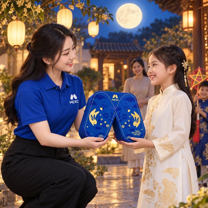 An AI-generated image depicts a woman in a blue 'MEXC' polo shirt presenting a gift to a young girl in traditional attire under a full moon, with the MEXC logo prominently displayed.