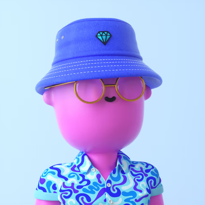 A pink cartoon character wearing a blue bucket hat with a diamond logo, round pink-tinted sunglasses, and a blue swirled shirt smiles against a light blue background, representing the successful "+1 GVC" smooth trade acquisition at Good Vibes Club to start the week.