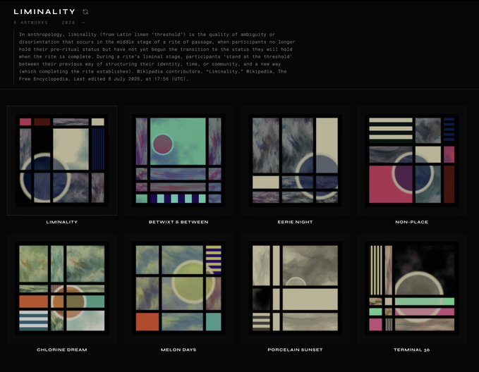 A digital art collection titled 'LIMINALITY' featuring 8 artworks displayed in a grid, with a descriptive paragraph referencing Wikipedia's definition of liminality.