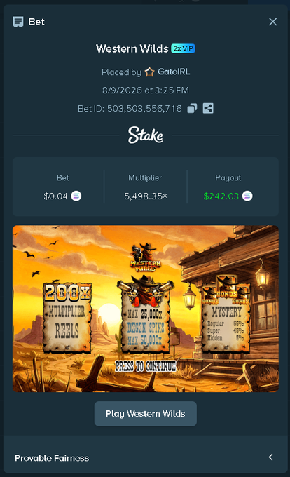 A 'Stake' online casino interface showing a 'Western Wilds' slot game bet slip with a $0.04 bet and a massive 5,498.35x multiplier yielding a $242.03 payout. The slot preview features a Western theme with '200X MULTIPLIER REELS' and 'MAX 25,000x' jackpots.