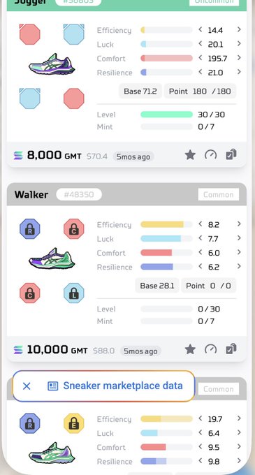 A mobile app screenshot showing sneaker marketplace data with sneaker NFT cards (Jogger #35885 and Walker #48350) displaying stats for Efficiency, Luck, Comfort, and Resilience, along with prices in GMT tokens.