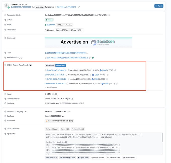 A blockchain transaction record from BaseScan showing 'TRANSACTION ACTION' details, including ERC-20 token transfers highlighted in a red box with USDC transactions totaling approximately 1,832.1494681, $1,831,814.18, and other amounts.