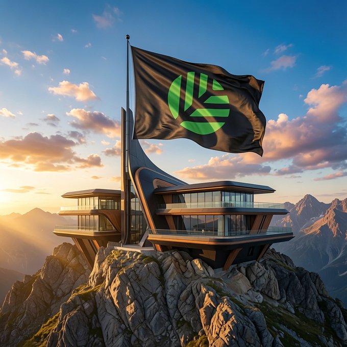 A digital artwork of a futuristic building perched on a rocky mountain peak, flying a black flag with a green logo against a sunset sky.