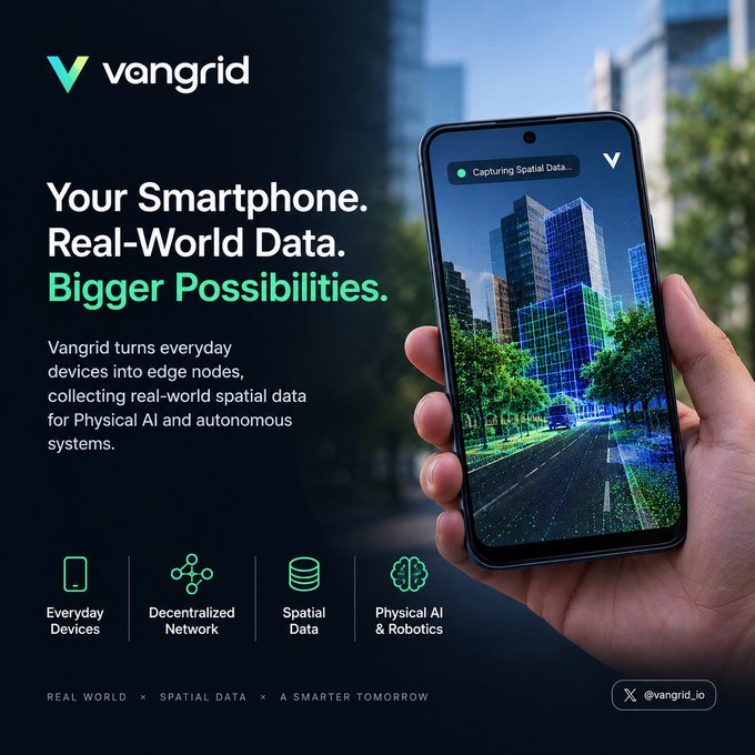 A promotional advertisement for Vangrid featuring the tagline 'Your Smartphone. Real-World Data. Bigger Possibilities.' highlighting their decentralized network for collecting spatial data for Physical AI.