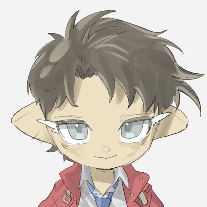 An anime-style digital illustration of a character with brown hair, pointed ears, light-colored eyes, and a slight smirk, wearing a red jacket over a blue shirt.