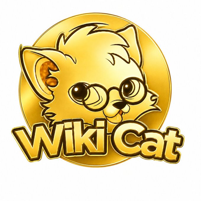 A gold-colored logo featuring a cartoon cat's face inside a coin, with the text 'Wiki Cat' in bold golden letters below.