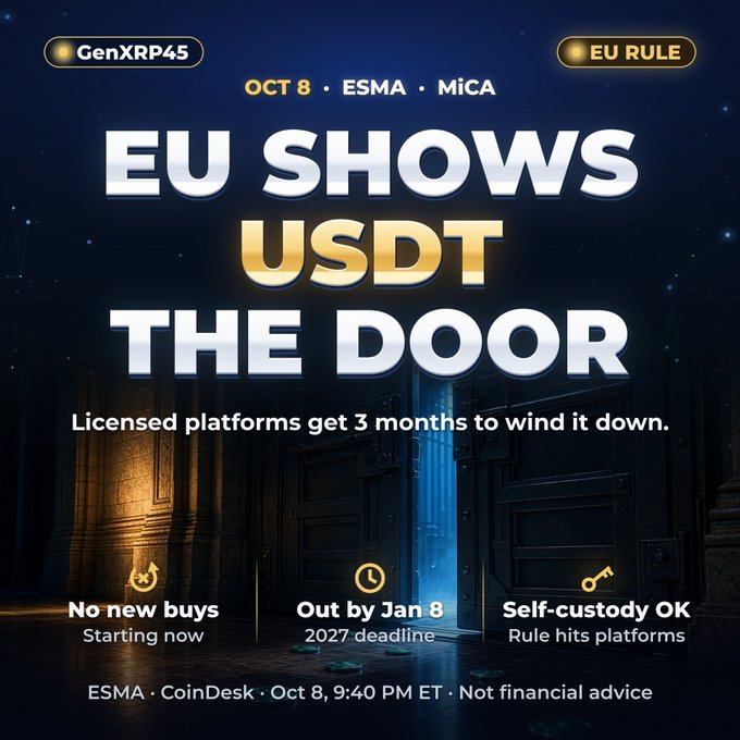 A news graphic titled 'EU SHOWS USDT THE DOOR' from Oct 8 via ESMA, reporting that licensed platforms have 3 months to wind down Tether, with a January 8, 2027 deadline, though self-custody remains okay.