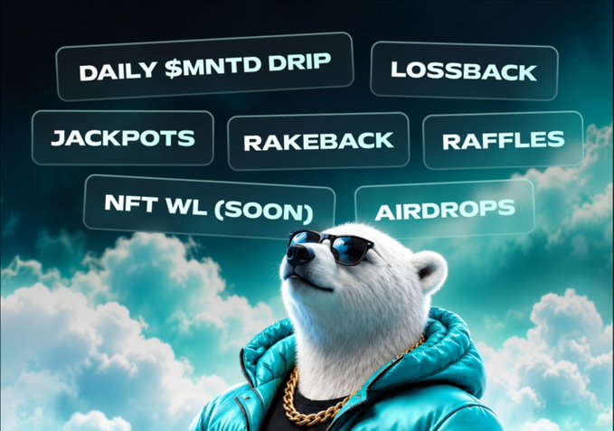 A cool polar bear in sunglasses and a gold chain poses against cloudy skies, surrounded by feature labels including "DAILY $MNTD DRIP," "LOSSBACK," "JACKPOTS," "RAKEBACK," "RAFFLES," "NFT WL (SOON)," and "AIRDROPS," visually highlighting the platform's reward-driven gameplay mentioned in the post.