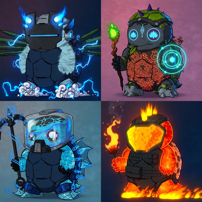 Four stylized chibi-style turtle characters representing different elemental archetypes—storm/wind, druid/nature, ice, and fire—each wielding elemental weapons and showcasing vibrant magical effects. The artwork's "forever" theme aligns with the post's reference to eternal, non-fading digital art via sentx.io's permanent minting service.