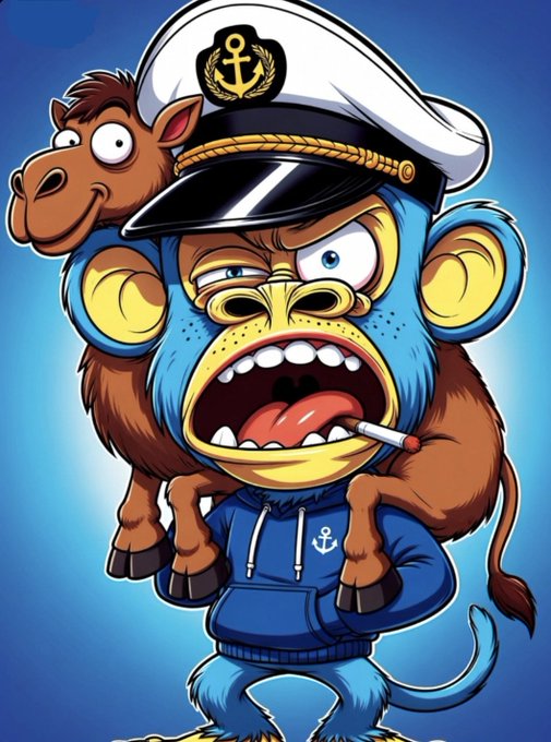 A cartoon illustration of a blue monkey wearing a sailor cap and hoodie, with a smaller brown monkey peeking out from behind it against a blue background.