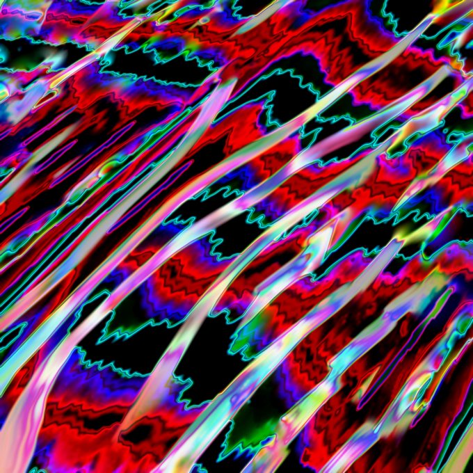 An abstract digital artwork featuring chaotic, overlapping diagonal streaks of neon red, green, blue, and white against a black background.