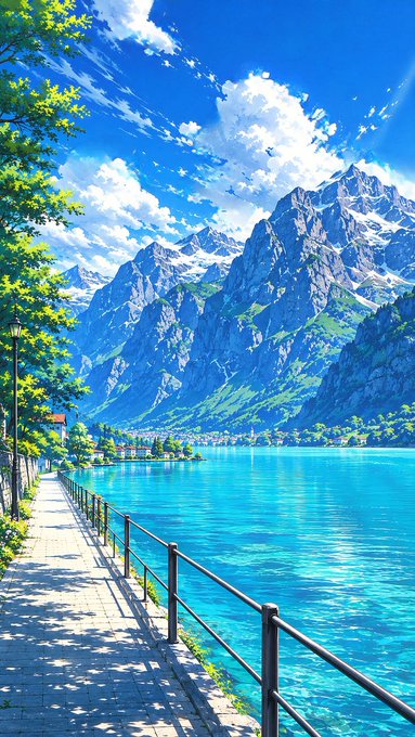 An anime-style illustration of a scenic landscape featuring a turquoise lake, mountains, and a walkway lined with trees under a bright blue sky with clouds.