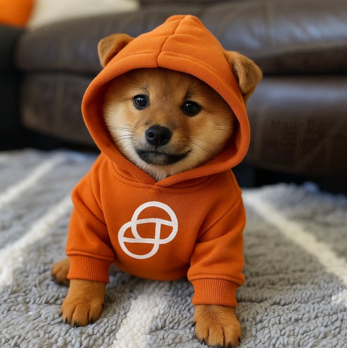 An adorable small dog wearing an orange hoodie with a white logo, sitting on a rug in front of a brown leather couch, with 'Made By @COWBS' watermark visible.