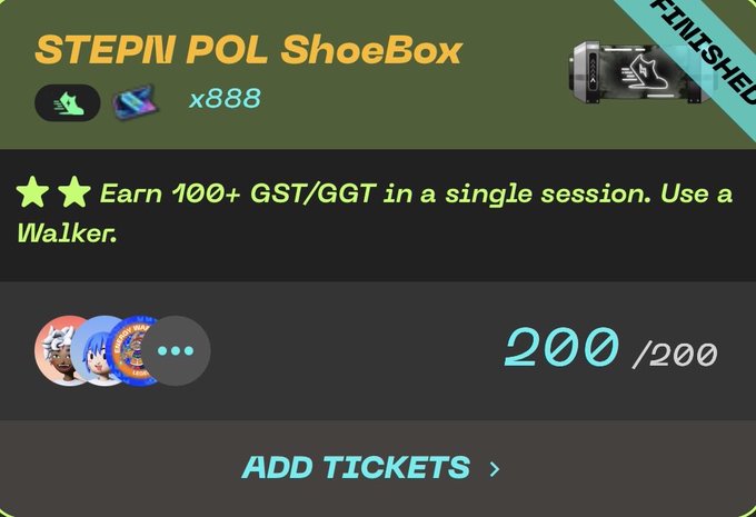 A mobile game screenshot showing "STEPN POL ShoeBox" task with rewards (x888), a "FINISHED" badge, requiring "100+ GST/GGT in a single session" using a Walker, with 200/200 progress.