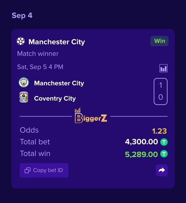 A betting app screenshot showing a winning bet on a 'Match winner' between Manchester City (1) and Coventry City (0) on Sep 4, with odds of 1.23, a total bet of 4,300.00 T, and a total win of 5,289.00 T.
