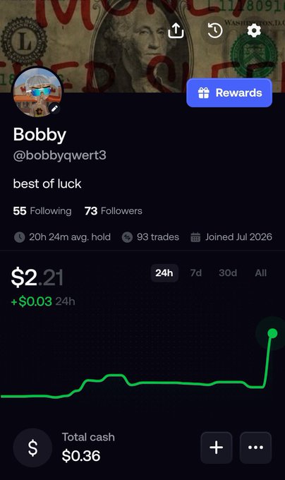 Profile screenshot of user 'Bobby' (@bobbyqwert3) showing $2.21 portfolio value with a +$0.03 24h change, following 55 accounts with 73 followers, joined July 2026, and $0.36 total cash.