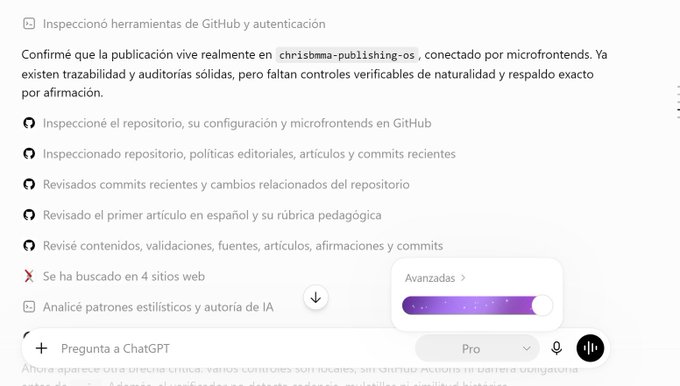 A screenshot of ChatGPT's "Advanced" mode (Pro) showing a detailed work log that inspected GitHub tools, authentication, and the "christmma-publishing-os" repository. The interface confirms the post's tip by demonstrating how ChatGPT Pro with GitHub integration can perform thorough investigations—including repository and commit reviews, article audits, and AI authorship pattern analysis—features users are offloading to GPT Pro due to Codex token limits.