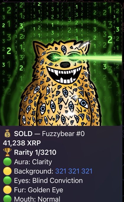 An NFT listing showing a SOLD Fuzzybear #0 for 41,238 XRP with traits including Clarity Aura, Golden Eye fur, and Blind Conviction eyes, rarity 1/3210.
