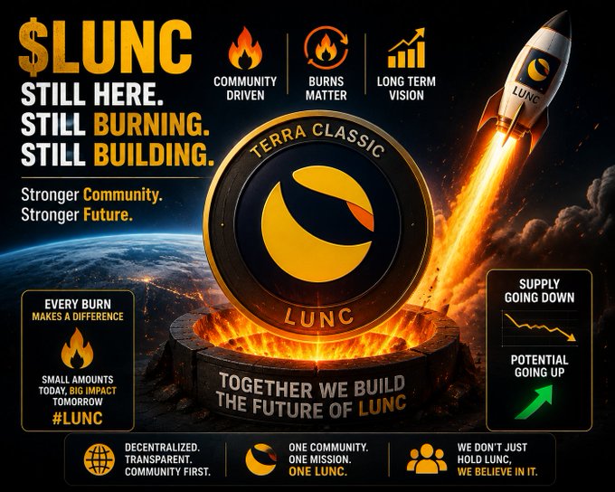 A promotional graphic for Terra Classic LUNC cryptocurrency featuring a burning coin, a rocket, and text reading '$LUNC STILL HERE. STILL BURNING. STILL BUILDING. Stronger Community. Stronger Future.' along with messages about supply going down and potential going up.