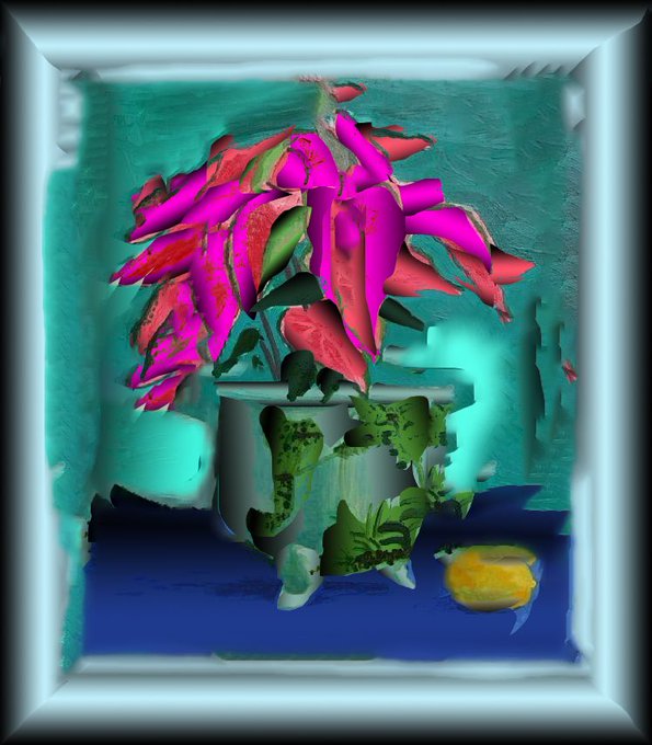 A stylized, painterly digital artwork showing a potted plant with bright pink and green leaves in a metallic pot, framed by a silver border against a turquoise background.