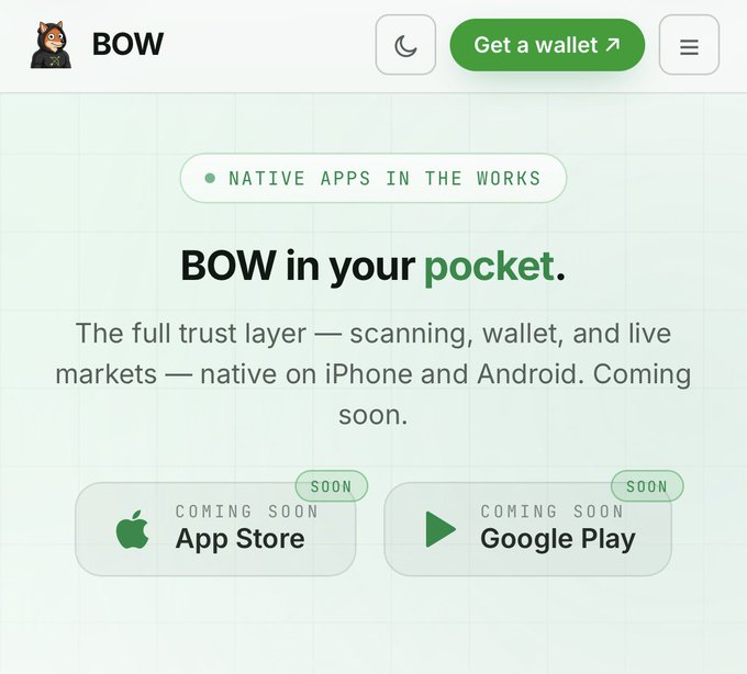 The image shows a promotional webpage for BOW featuring the headline "BOW in your pocket" with a "NATIVE APPS IN THE WORKS" badge, announcing that the full trust layer—scanning, wallet, and live markets—will be available natively on iPhone and Android. Below are "COMING SOON" buttons for both the App Store and Google Play, directly supporting the post's announcement about BOW launching on iOS and Android app stores to protect traders worldwide.