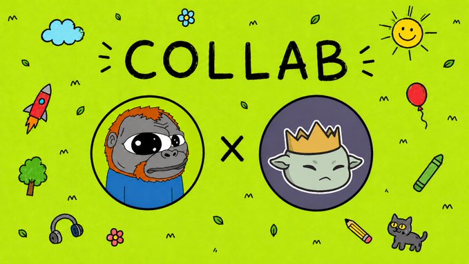A bright green 'COLLAB' promotional graphic featuring two NFT-style character avatars with an X between them, surrounded by doodles of a rocket, sun, balloon, crayon, headphones, and a cat.