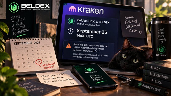 A promotional graphic for Beldex (BDX) on Kraken announces a withdrawal deadline of September 25, 14:00 UTC, displayed on a laptop beside a calendar with the 25th circled in red.