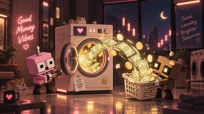 A stylized digital illustration showing pink and brown robot characters with a washing machine that has a heart on it, with money and coins flying out, alongside neon signs reading 'Good Money Vibes' and 'Same Laundry Brighter Tomorrow'.