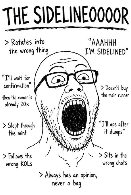 The image is a Woj-style "sideline" meme titled "THE SIDELINEOOOOOR," featuring a screaming bald man surrounded by common excuses traders use for not entering positions, such as "Rotates into the wrong thing," "I'll wait for confirmation," "Doesn't buy the main runner," "Slept through the mint," and "Sits in the wrong chats." It humorously relates to the post "Drop your wallet below" by calling out viewers for always having opinions but never actually buying tokens.