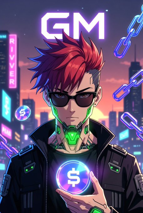 The image features a man wearing sunglasses, holding up a $1 bill. The background of the image shows a city skyline with neon lights, giving off an urban vibe. The caption for the image reads "GM fam! Bullish start with @River4fun / @RiverdotInc $RIVER chain-abstraction stablecoins with real utility. Still stacking points and building. Who’s riding with $RIVER today? #River".