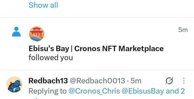 A Twitter notification showing 'Ebisu's Bay | Cronos NFT Marketplace followed you' and a reply from Redbach13 @Redbach0013 mentioning @Cronos_Chris @EbisusBay.
