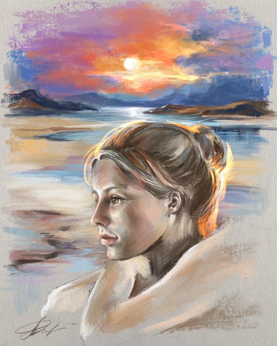 A digital painting portrays a young woman in profile, her hair tied up, with a vibrant, impressionistic sunset and coastal landscape blending into the background.