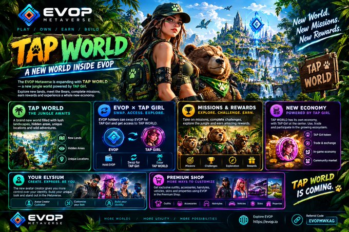 An advertisement for EVOP Metaverse's 'TAP WORLD' featuring jungle imagery, a woman with a bear, and information on TAP GIRL, missions, and rewards.