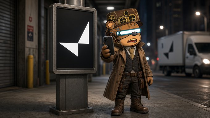 A 3D-rendered anthropomorphic bear wearing a steampunk hat with glowing blue goggles and a trench coat, holding a smartphone next to a digital sign displaying a white geometric logo, with a delivery truck in the background.