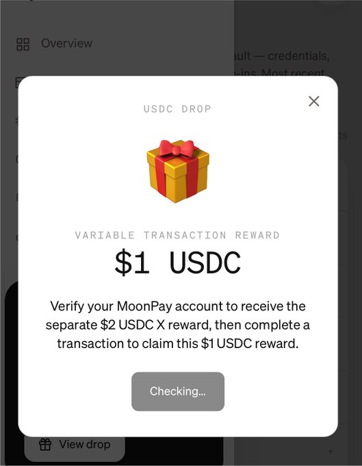 A 'USDC Drop' notification offering a $1 USDC variable transaction reward for verifying a MoonPay account and completing a transaction.