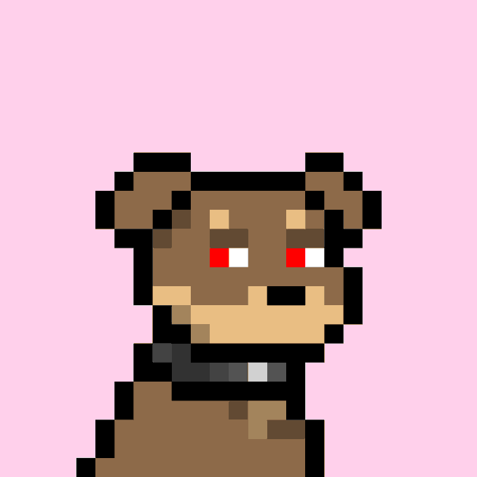 A pixel art image of a brown dog character with red eyes and a black collar against a pink background, representing Doginal Dog #9870, a recently sold NFT from the Doginal Dogs collection for 37,300 DOGE.