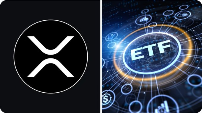 A side-by-side image showing the XRP logo on the left and a futuristic graphic with the text "ETF" on the right, visually representing the new spot XRP ETF product and its $1.49B cumulative net inflows over an eight-week streak.