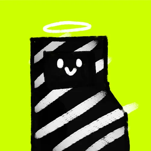 A cute, angelic NFT character painted in black and white with a halo and striped body sits against a bright lime green background, visually representing the "RH Machines" collection referenced in the post about their #1 volume ranking on OpenSea.