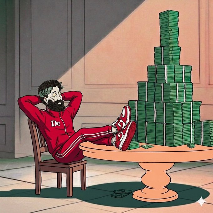 An illustration of a bearded man in a red tracksuit relaxing with his feet on a table next to a towering pyramid of green cash.